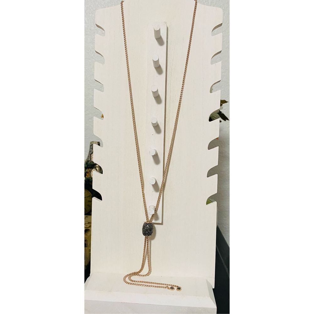 Long Gold-tone Lariat Style Necklace with Sparkly Black Crystals Pave pendant Ch